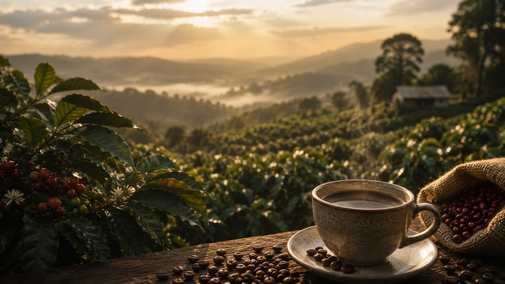 Coffee cup on a wooden ledge overlooking a coffee plantation at sunrise